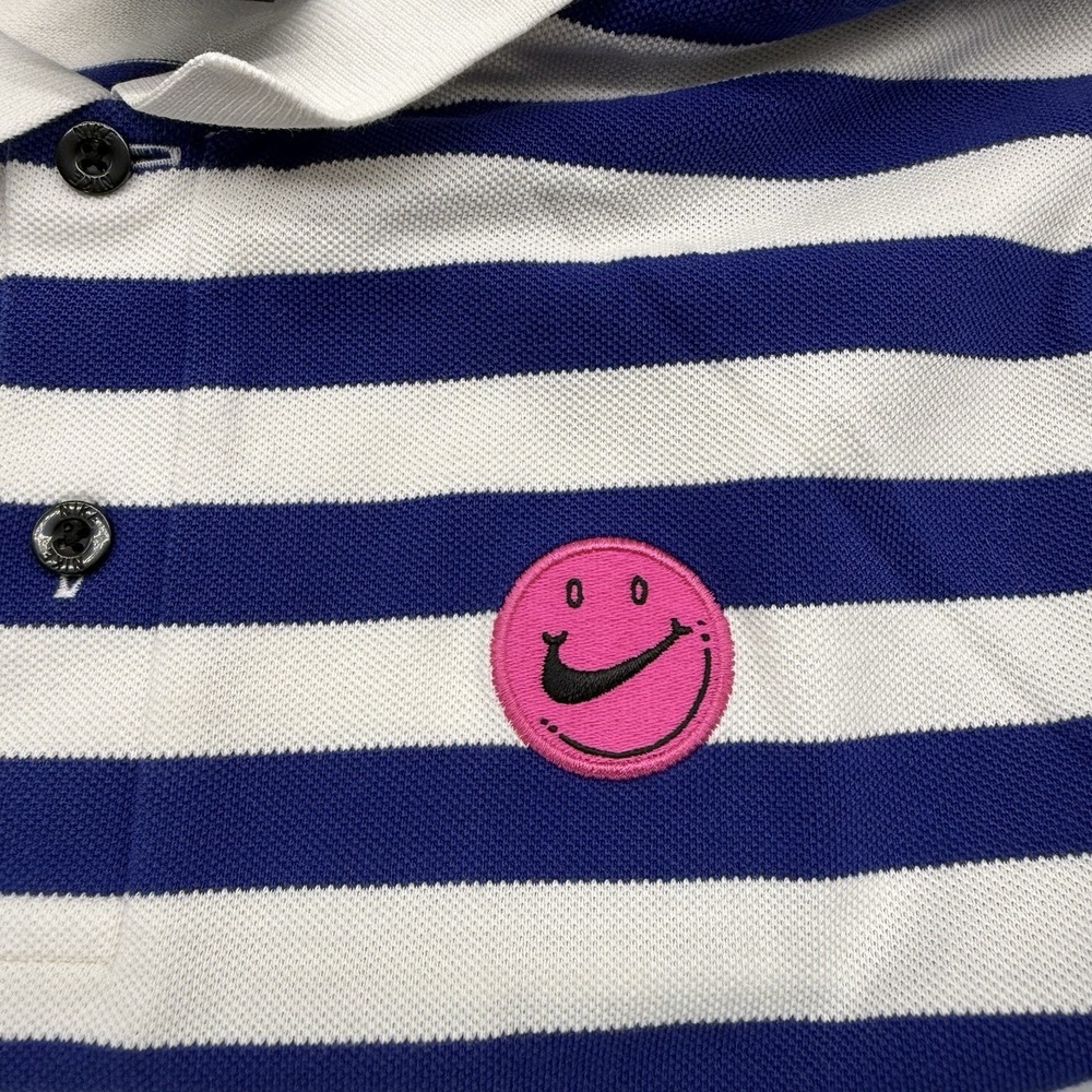 Nike Polo Shirt Womens M Navy Blue Striped Smiley Face Swoosh Contrast Cuff - Picture 2 of 6
